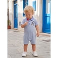 thumbnail image 5 of BemeyourBBs Newborn Baby Boy Fishing Outfit Infant Baby Boy Summer Clothes Waffled Stripe Romper One Piece Stripe Embroidery Buttons Turn Down Collar Short Sleeve Bodysuit Jumpsuit, 5 of 9