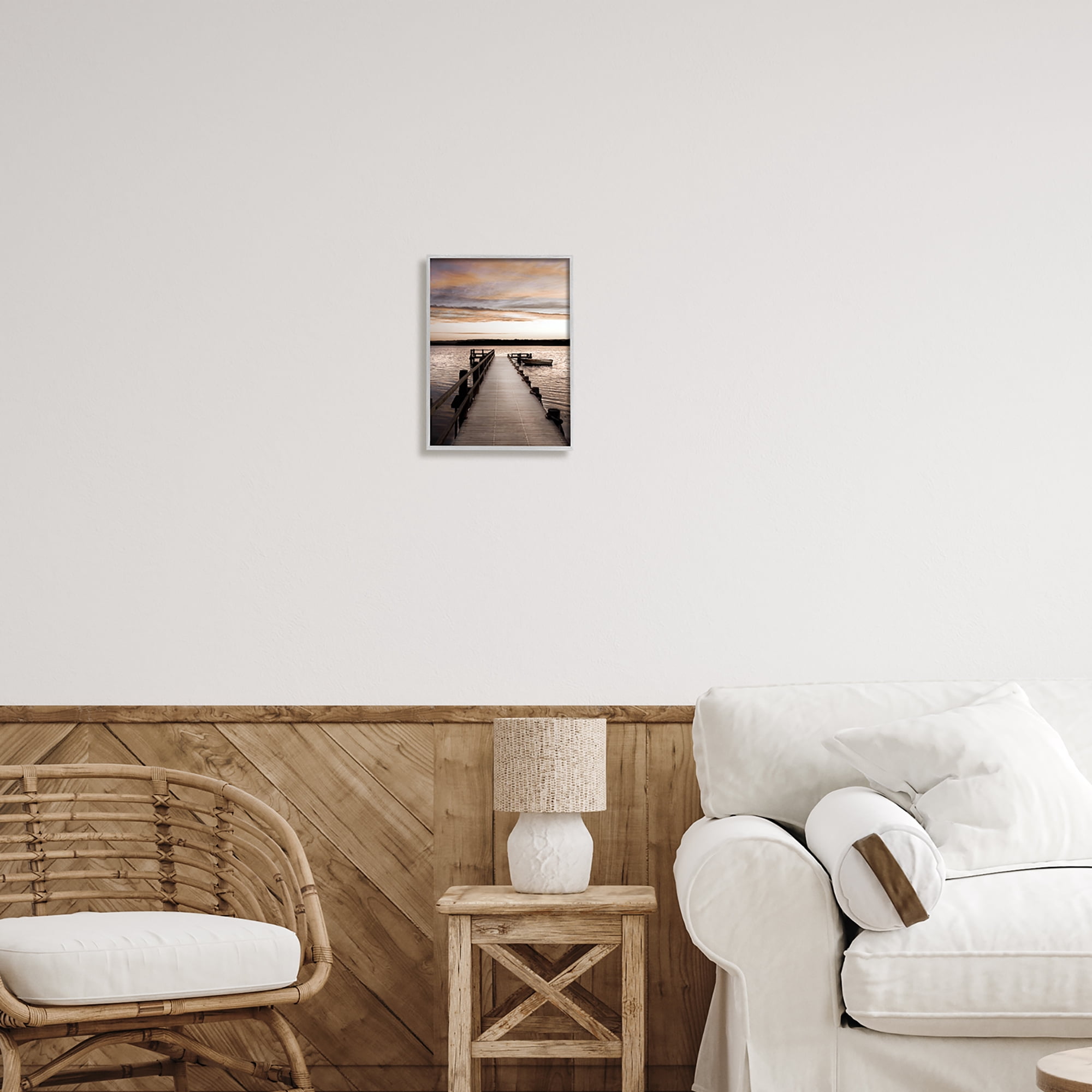 Stupell Industries Boat & Beach Pier Landscape Photography Gray Framed Art Print Wall Art, 11 x 14