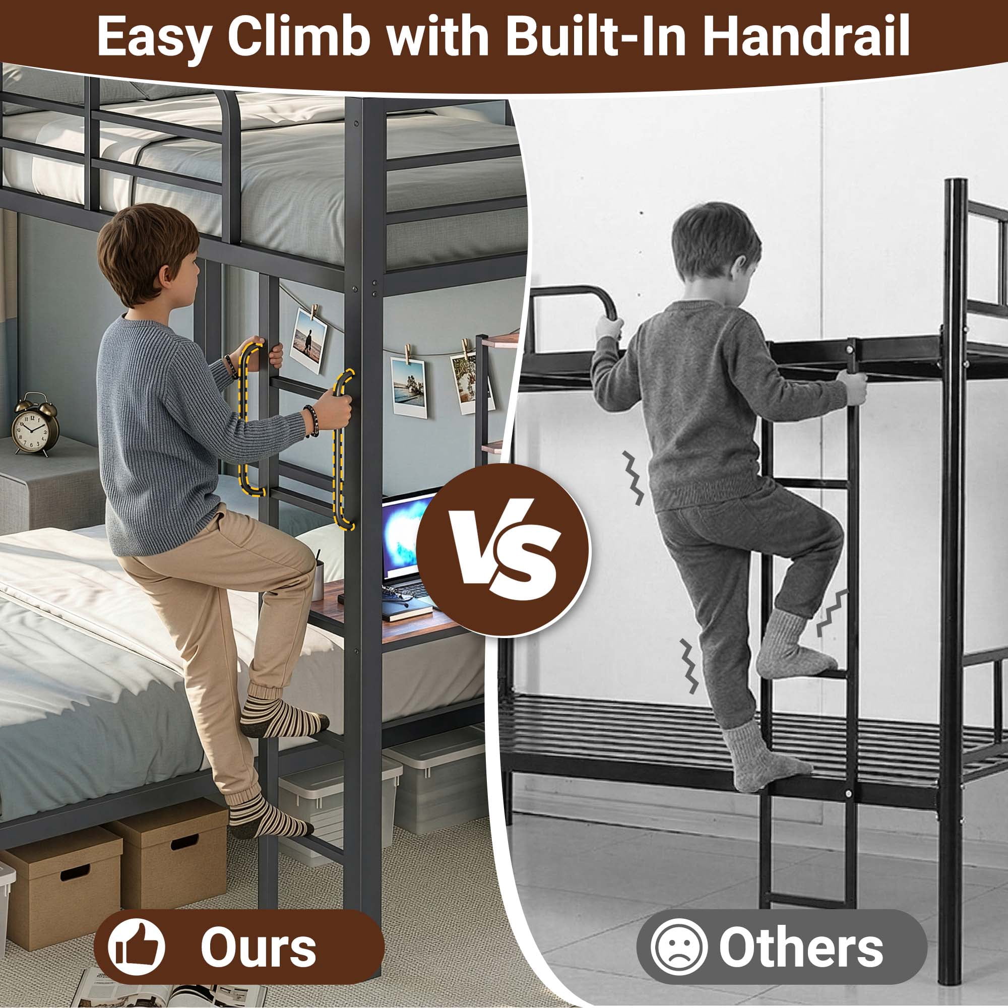 Miniyam Twin over Full Metal Bunk Bed with Desk and Storage, White