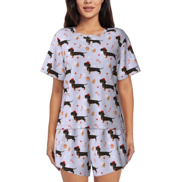 Balery Dachshund Dog Conjunto de Pijama para Mujer con Estampado, Dos Piezas de Manga Corta y Shorts, Ropa de Dormir Suave con Cuello Redondo y Bolsillos-3X-Large