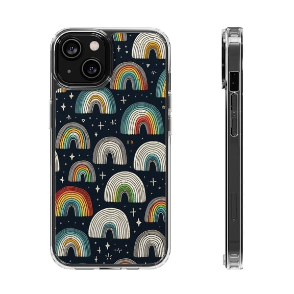 DistinctInk Hybrid (Acrylic / TPU) Clear Slim Fit Case for Apple iPhone 13 (6.1" Screen) - "Vibrant Hand-Drawn Rainbows on Black"