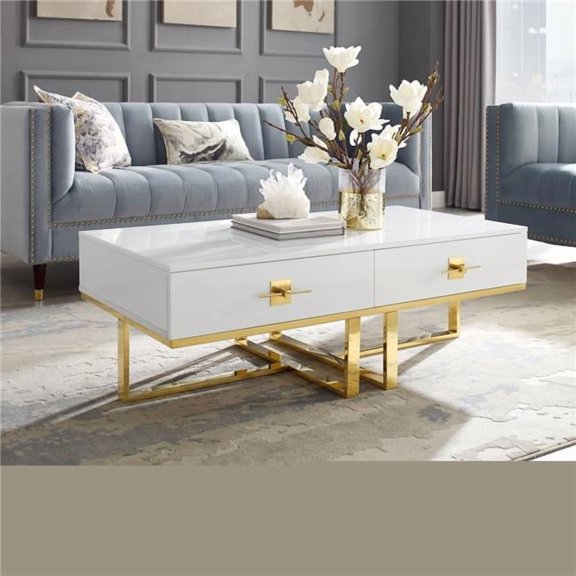 Posh Living Mano 2-Drawers Stainless Steel Base Coffee Table - White/Gold
