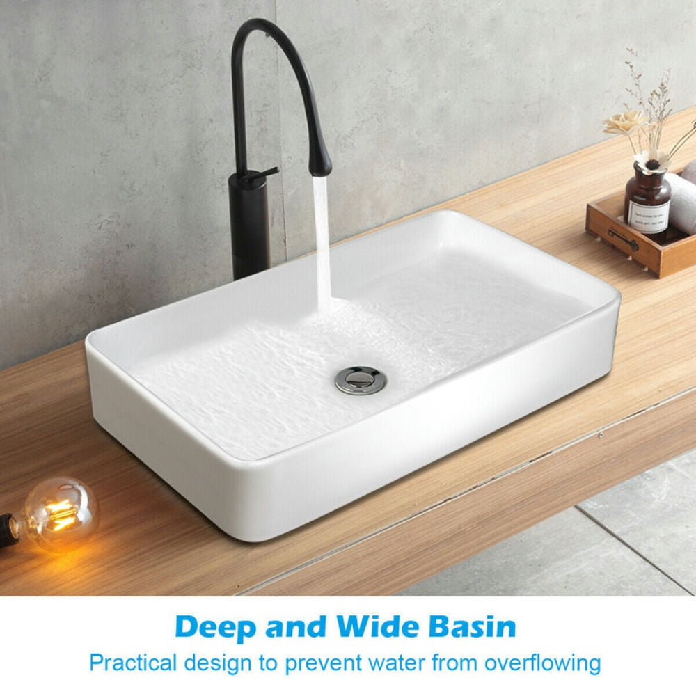Finihen Bathroom Vessel Sink, Rectangle Ceramic Basin, 24 x 14 Inch Rectangle Bathroom Vessel Sink with Pop-up Drain, White Finihen Bathroom Vessel Sink, Rectangle Ceramic Basin, 24 x 14 Inch Rectangle Bathroom Vessel Sink with Pop-up Drain, White