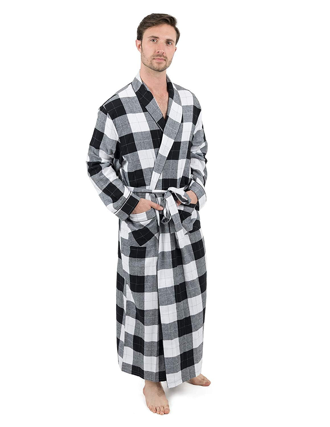 Leveret Mens Robe Flannel Robe Christmas Robe Black/White Plaid Size