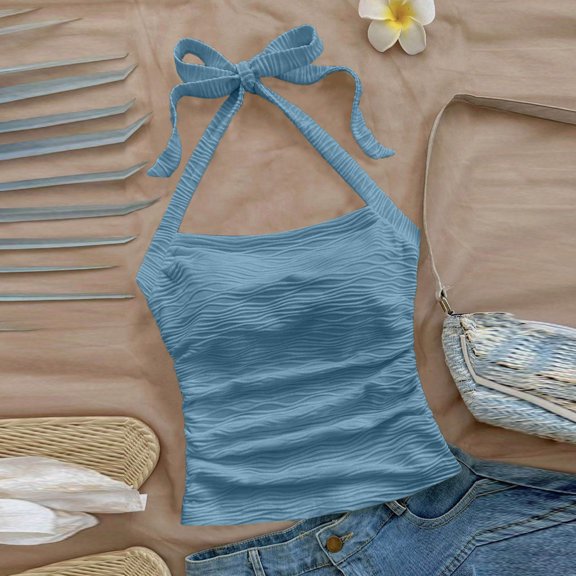 Xdegoge Tank Tops for Women Halter Neck Sleeveless Clubwear Dressy form Fitting Wavy Pleated Pattern Soft Breathable Comfortable Spring Summer Tops