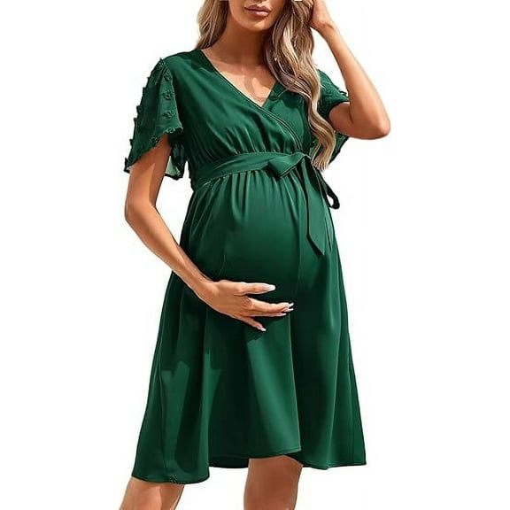 HYwys Maternity V Neck Dress Swiss Dot Short Sleeve nbsp Summer Wrap Midi Baby Shower Pregnancy Dresses for Photoshoot black v L