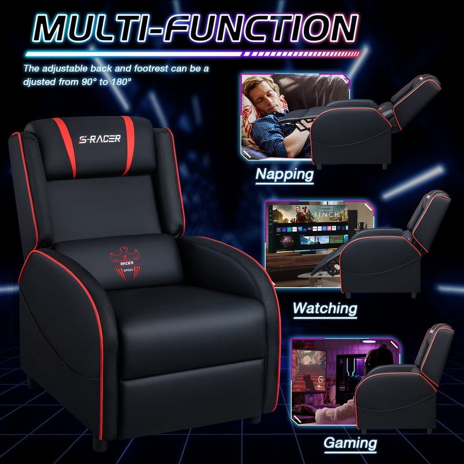 Furmax RGB LED Lights Gaming Massage Recliner Chair Racing Style Single Living Room Sofa Ergonomic Home Theater Seating with Massage Lumbar Support, Red