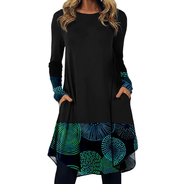 Vestido de pachwork estampado suelto con cuello redondo de manga larga informal para mujer a la moda Pompotops hdfakjf1416