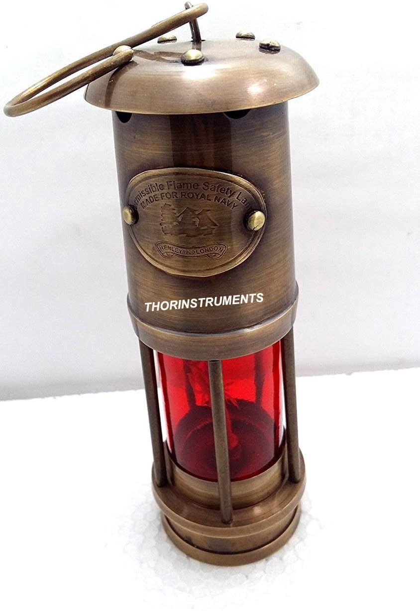 Antique Brass Maritime Handmade Miner Lamp Nautical Ship Oil Lamp Red Glass 6 Inches
