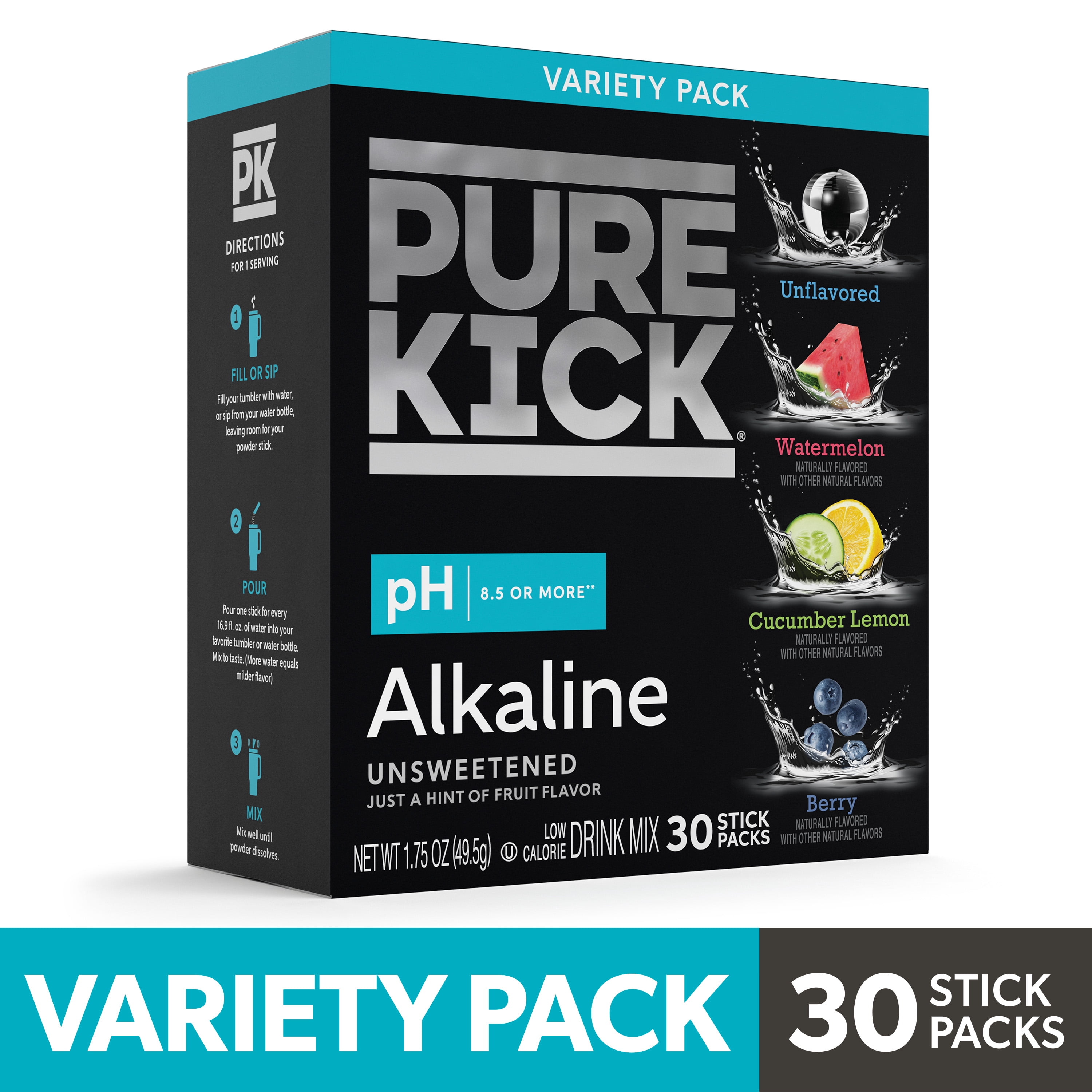(6 pack) Pure Kick Alkaline Singles to Go Powdered Drink Mix Variety Pack, Watermelon, Berry, Cucumber Lemon, Unflavored, 30 Count Packets