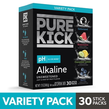 Pure Kick Alkaline Singles to Go Powdered Drink Mix Variety Pack, Watermelon, Berry, Cucumber Lemon, Unflavored, 30 Count Packets