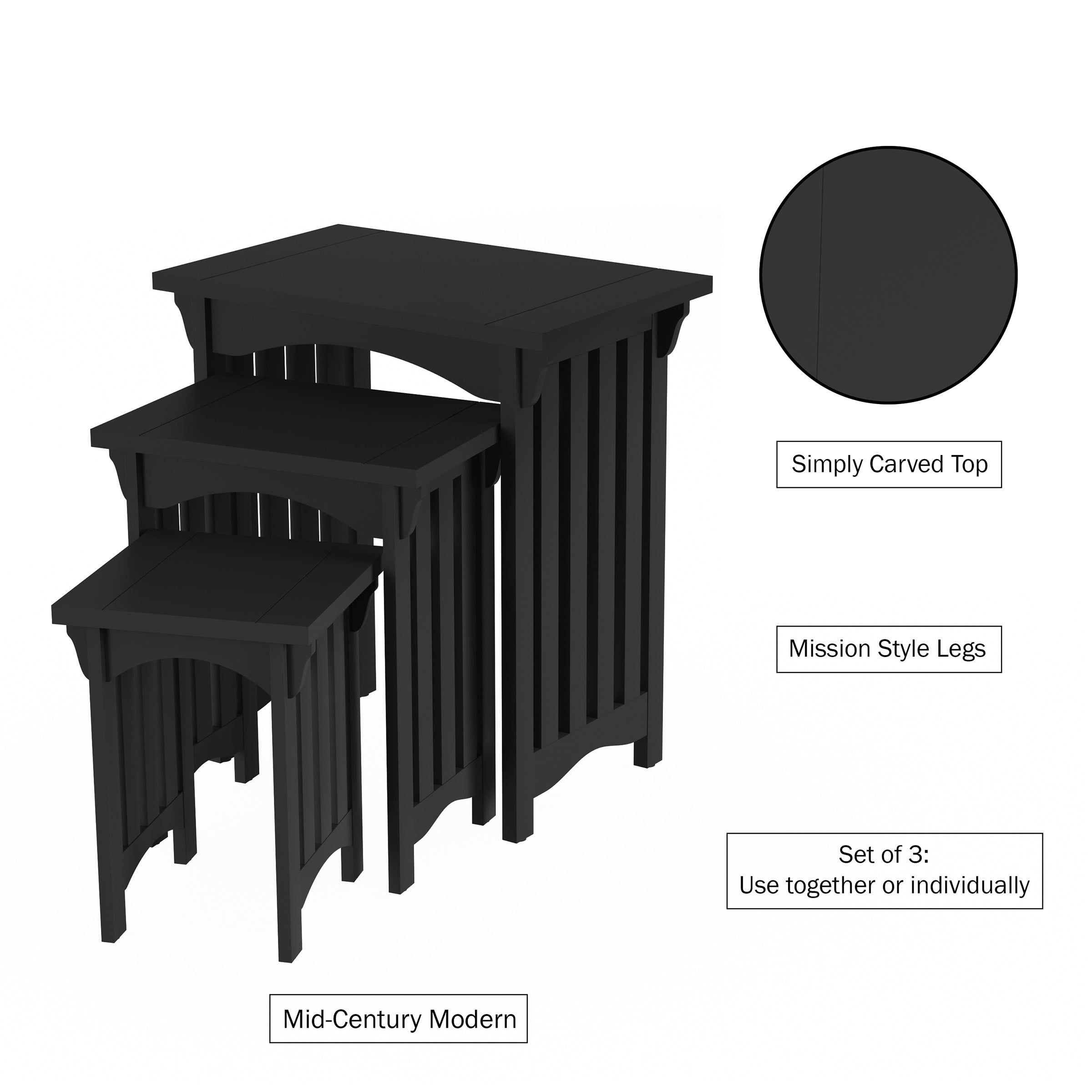 Nesting Tables-Set of 3, Traditional with Mission Style Legs by Lavish Home (Black)
