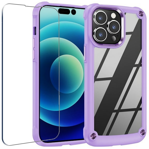 Tough Shield Snap-on Transparent Case and Tempered Glass Screen Protector for iPhone 14 Pro Max - Purple
