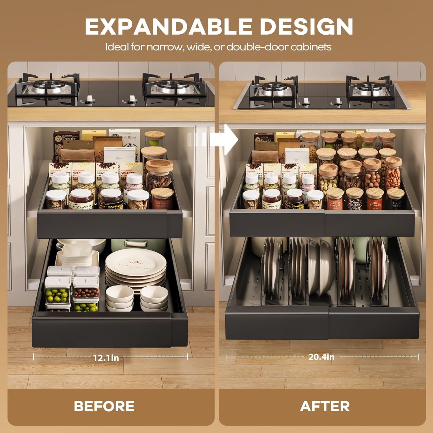 2 Pack Pull out Cabinet Organizer 21"Deep With Raising Pad for Framed Cabinets, Expandable Slide out Drawers for Kitchen Cabinets with 4pcs Divider Racks, Roll out Shelves 12.1"-20.4" W Black