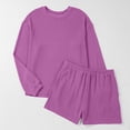 thumbnail image 4 of 2 Piece Ribbed Knit Loungewear Set Women's Long Sleeve Crew Neck Tops Elastic Waisted Shorts, Loose Comfortable Outfits Purple S, 4 of 7