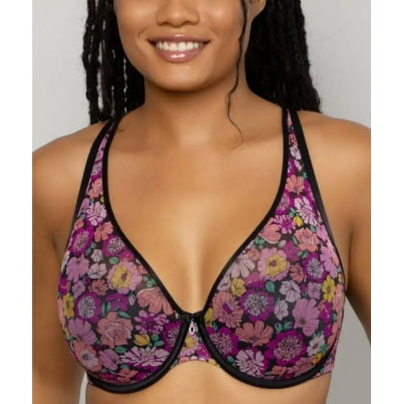 Curvy Couture RETRO ROSES Sheer Mesh Plunge Push Up Bra, US 40H, UK 40FF, NWOT