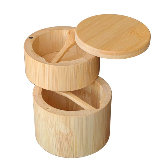 Wood Spice Cellar, Round Wooden Salt and Pepper Containers for Countertop, Dual-Layer Storage with Spoon, Natural Wood, Compact and Stable, Great for Kitchen Organization