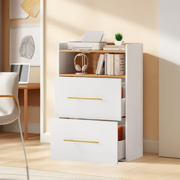 Uforic File Cabinet with 2 Drawer, Office Storage Filing Cabinet with Charging Station& Printer Shelf for Home Office, White