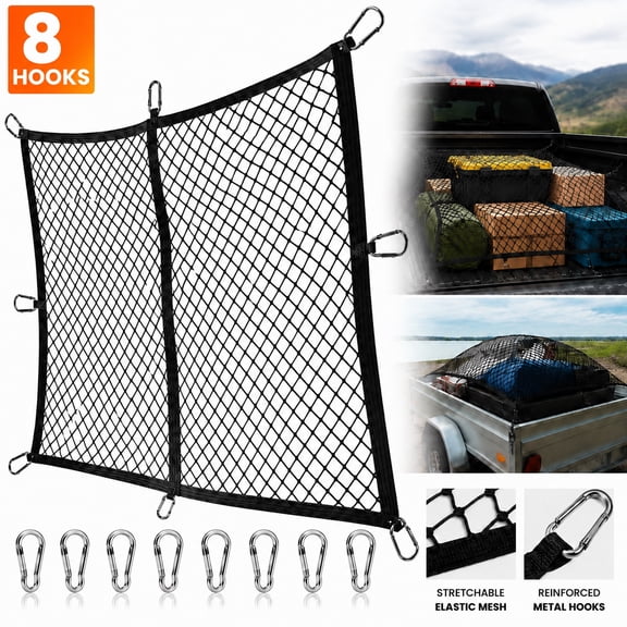 Heavy-Duty Pickup Truck Bed Cargo Net , 4'×4' to 7'×7' Stretchable Elastic Mesh with 8 Reinforced Metal Hooks , Secures Luggage, Tools & Equipment , Fits Most Trucks, SUVs, Vans & Boats