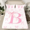 thumbnail image 2 of Pink Bow Fitted Sheet King Size with 2 Pillowcases,Princess Style Bowknot Love Hearts Girly Fairy Bed Sheet Set,Initial Letter B Chic Romantic Top Flat Sheet Microfiber Breathable, 2 of 6