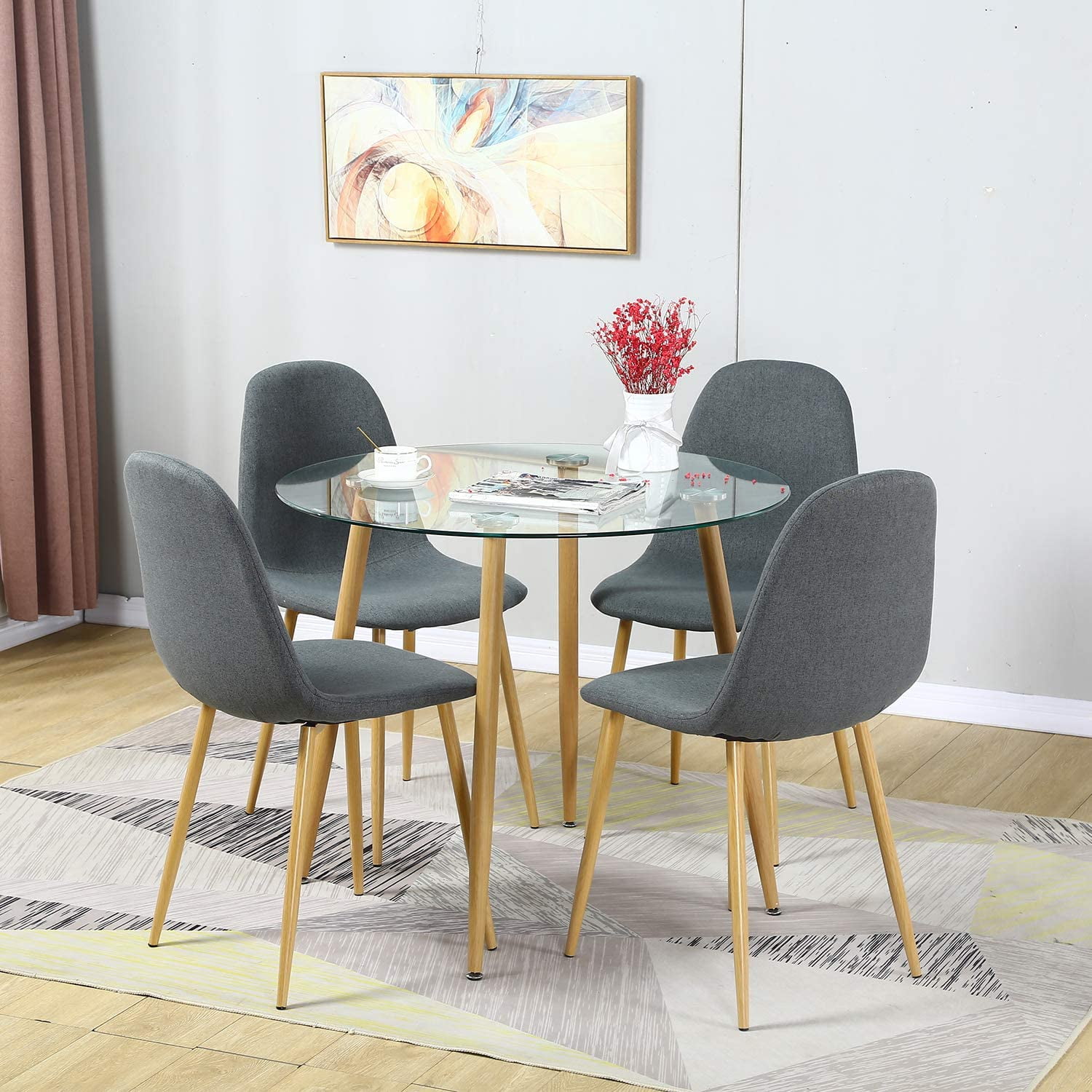 GOLDFAN Dining Table and 2 Chairs Modern Round Glass Kitchen Table and Velvet Chairs Dining Room Sets 80CM,Grey 