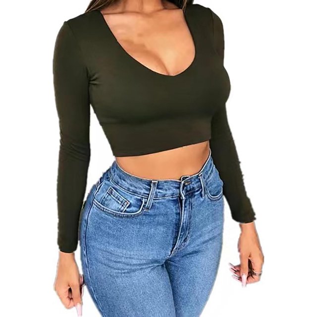 T-shirt Aguichant à Manches Longues Col Carré Basique Ajusté Côtelé Crop Tops