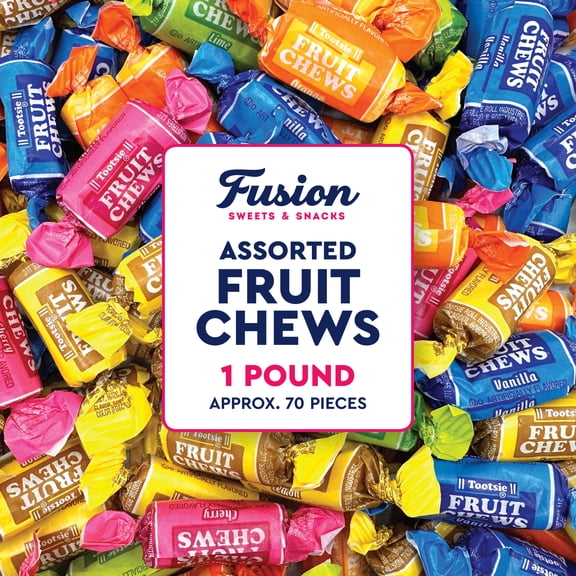 Fruit Chews Candy - 1 Pound Bulk Bag (Approx. 70 Pieces), Fruit Chews Rolls, 5 Assorted Flavors, Soft & Fruity Taffy Candy, Individually Wrapped Gluten Free Treats, Holiday Candy