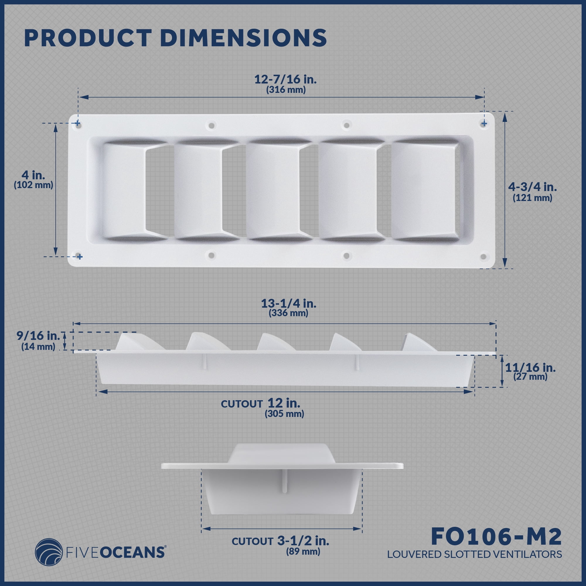 Five Oceans 5-Slotted Louvered Ventilators, 13-1/4-Inch x 4-3/4-Inch, White ABS Plastic, 2 Pack - FO106-M2