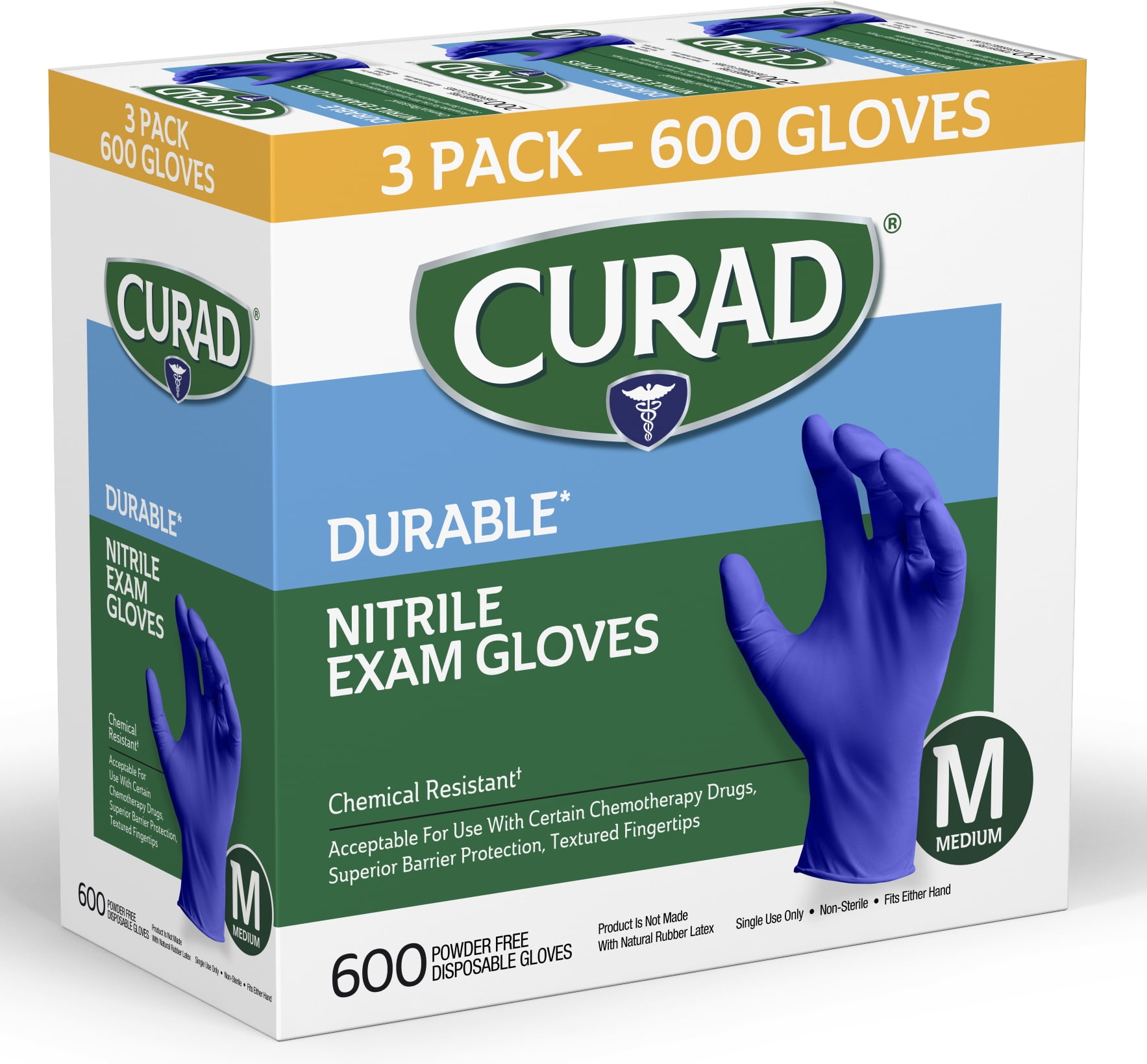 CURAD Nitrile Exam Gloves, Durable, Powder Free, Chemical Resistant, Medium, 600 Count, Color May Vary