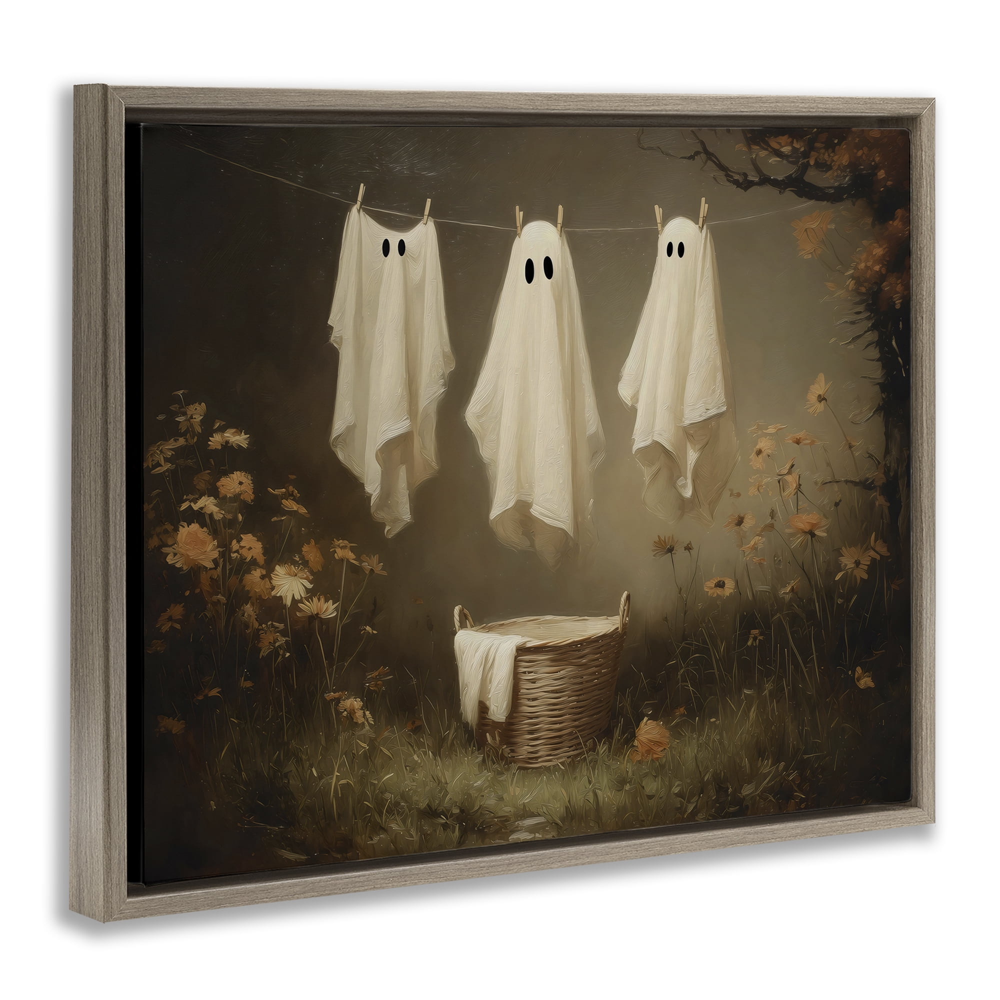 Three Laundry Ghosts Hanging Brown Framed Floater Canvas Wall Art, design by Arlington Prints