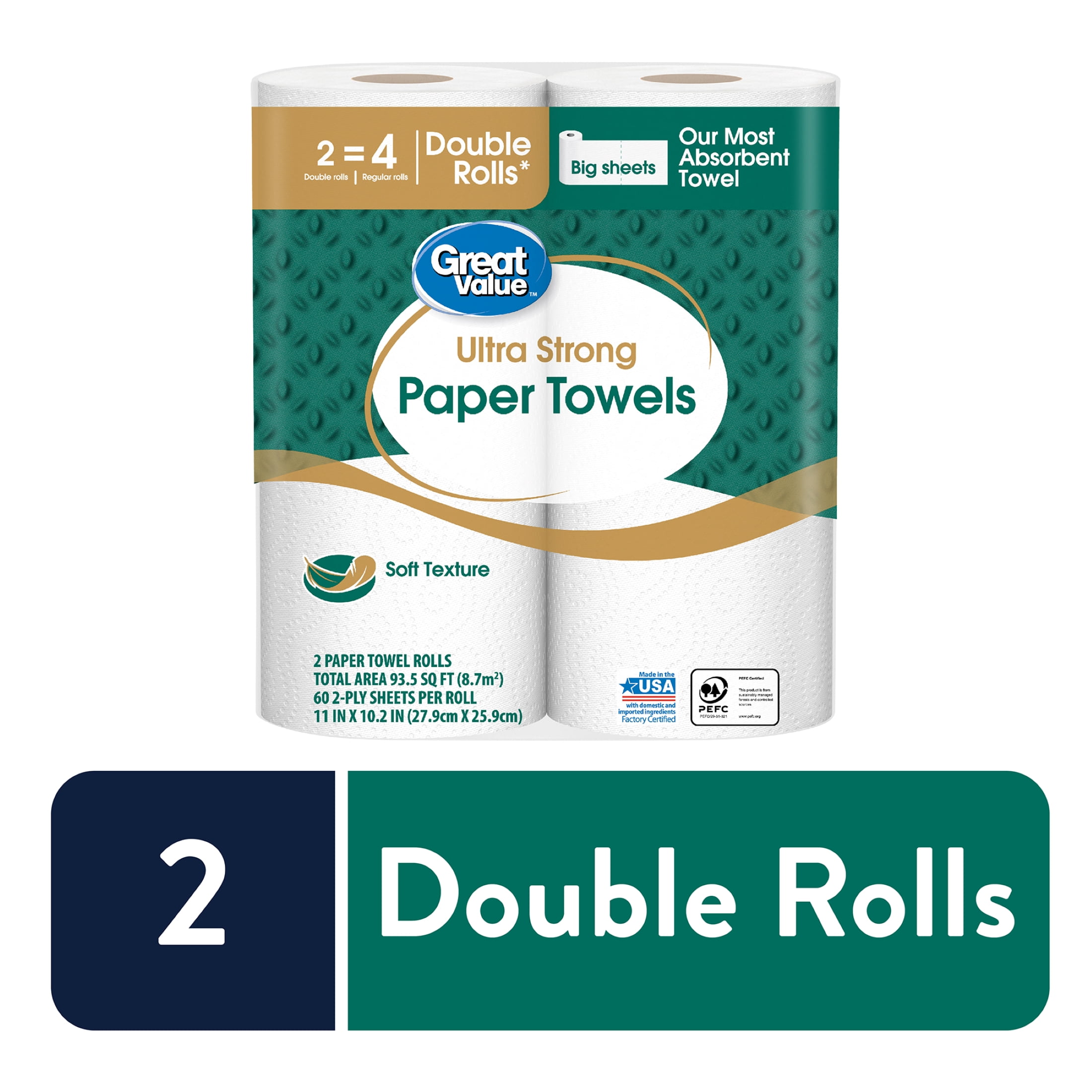 Great Value Ultra Strong Paper Towels, Big Sheets, 4 Double Rolls