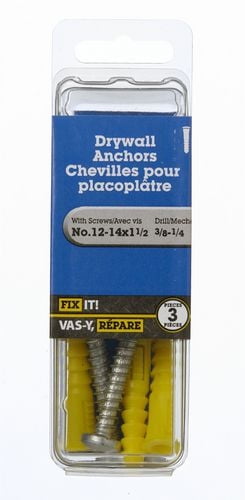 12-14x1-1/2" Drywall Anchor with Screws 3 Pieces, Plastic anchors are used to support light loads on drywall without fastening to a wall stud, or into masonry.