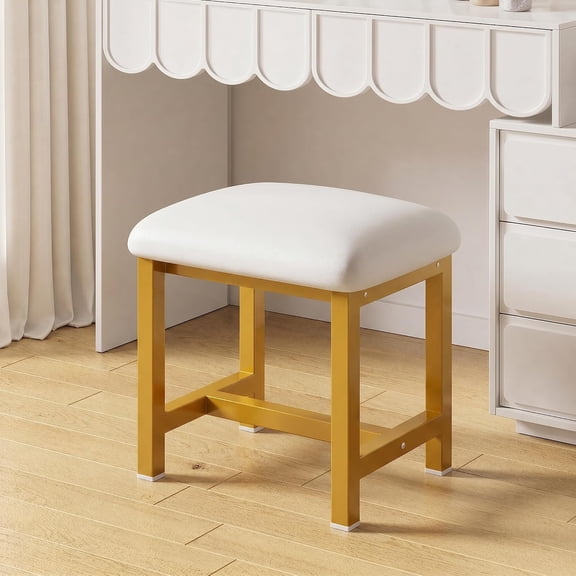 Vanity stool, White Vanity Chair, Modern Makeup Dressing Stool, Small Vanity Bench Seat for Small Spaces, Leather Deak Chair Benches for Girls, Stools for Bathroom, Bedroom, Living room, Gold Frame