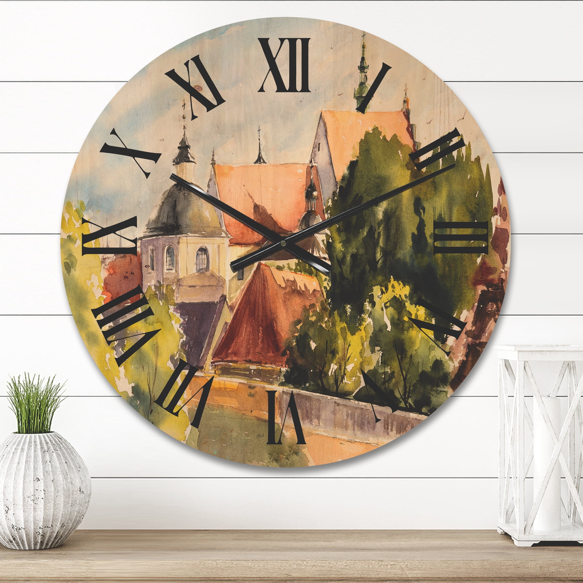 Designart 'View of Old Polish City Buildings In Nature' Traditional Wood Wall Clock