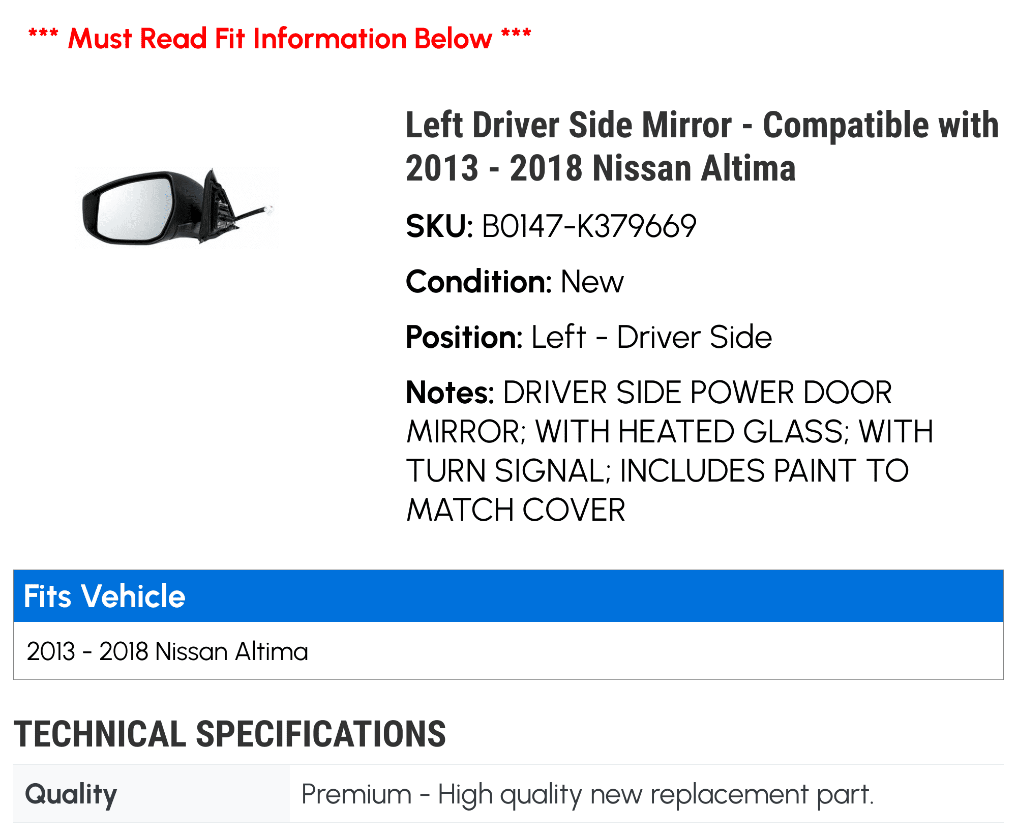 Left Driver Side Mirror - Compatible with 2013 - 2018 Nissan Altima 2014 2015 2016 2017