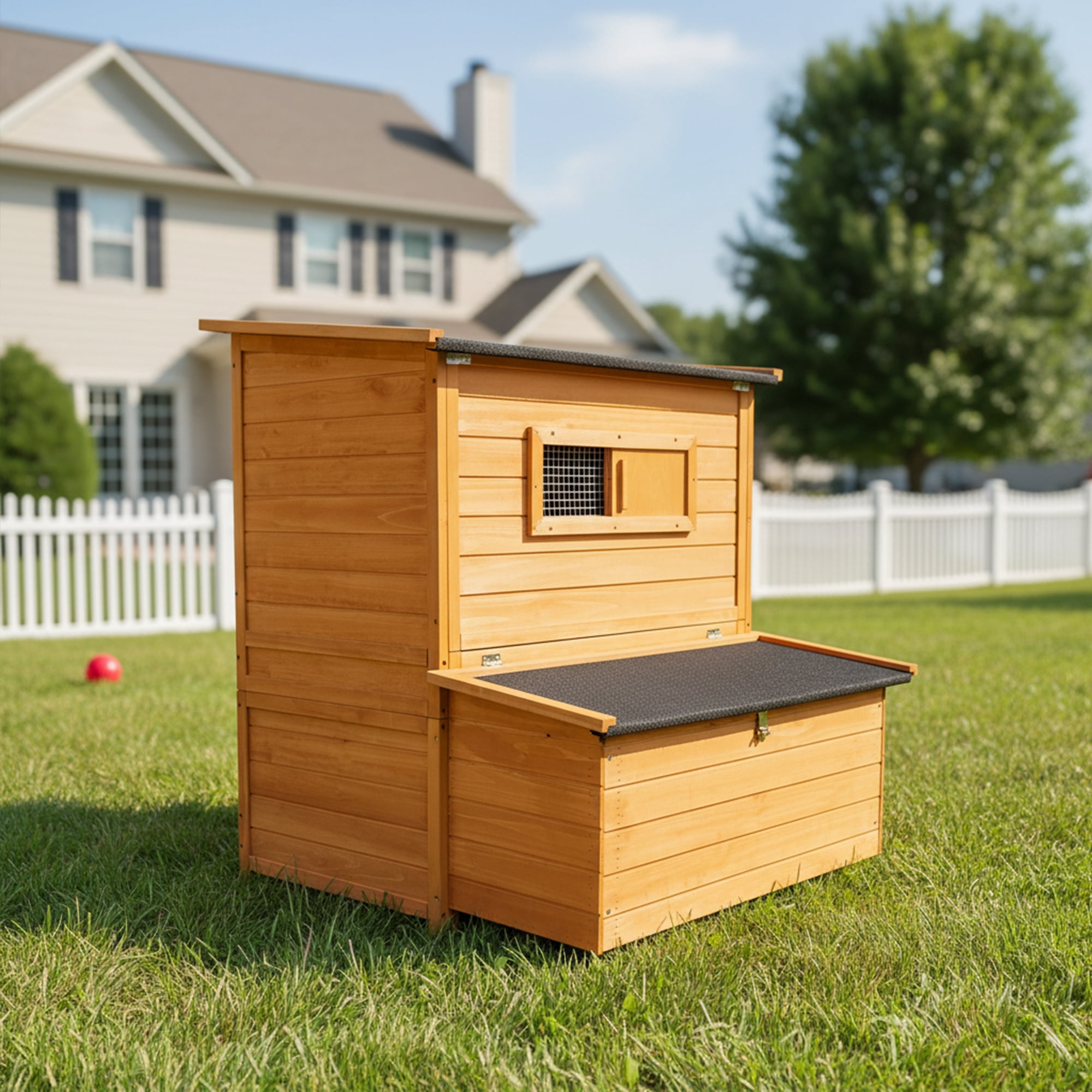 Chicken Coop, Double-House Wooden Chicken Coop For 6-8 Chickens With 3 Nesting Boxes And 2 Pull-Out Trays, Featuring A Foldable Ramp And Flip-Up Asphalt Roof