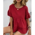 thumbnail image 4 of Corte holgado, mangas abullonadas, cuello redondo, ropa informal de uso diario para viajar, talla XL, blusa roja con espalda abierta y volantes, 4 of 8