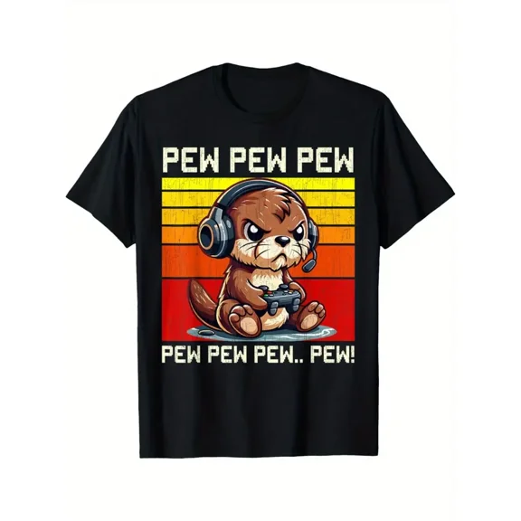 Men'S Retro Gamer Otter T-Shirt - Funny Video Game Graphic Tee with Headphones, 100% Cotton Soft Crewneck Shirt for Gaming Parties, Casual Attire - Perfect Gift for Gamers