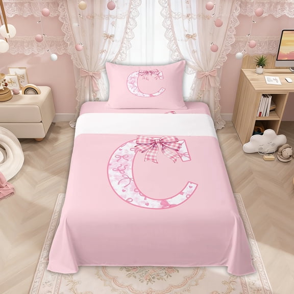 Manfei Pink Bow Letter C Twin Sheet Sets for Girls, Princess Style Bedding, 3pcs