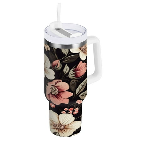 

40 Oz Car Handle Water Cup 10.8x3.85 Inch Stainless Steel Water Cup With Handle Water Cup Car Water Cup Travel Coffee Cup White Flowers Seamless