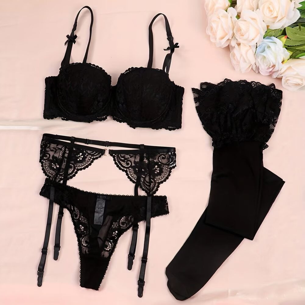Varsbaby Women's Ultra-Thin Unlined Bra Panties Garter Belt and Stockings 4  Pcs - Walmart.com