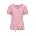 thumbnail image 3 of Fesfesfes Women's V-Neck Tops New Eyelet Embroidered Short Ruffle Sleeve T-shirt Breathable Fabric Casual Loose Front Tie Hem Tee, 3 of 7