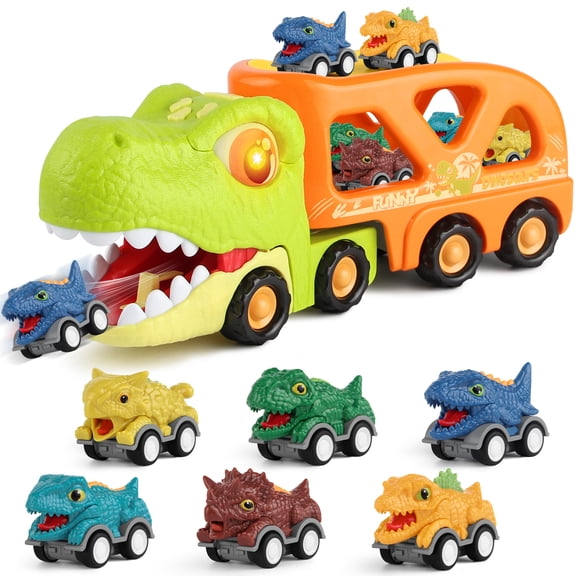 HACOCOLA Dinosaur Truck with 6 Pull Back Dino Cars, Dinosaur Toys with Lights, Launcher and Sounds for Kids Toddlers Boys Age 2 3 4 5 6 7 8 Years Old