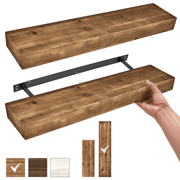 American Art Decor Rustic Wood Floating Wall Shelf – Walnut Brown (Large)