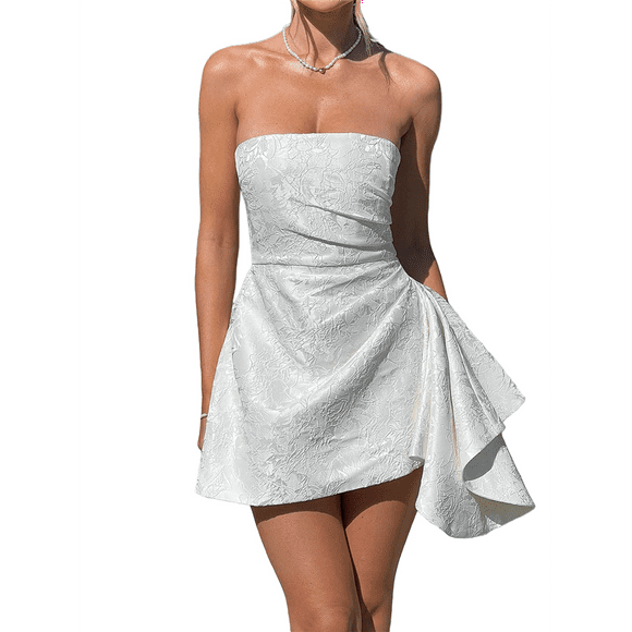 Embroidery Satin Homecoming Dress with Bow Modest Strapless Mini Dresses A Line Short Prom Dress Party Gown White XL