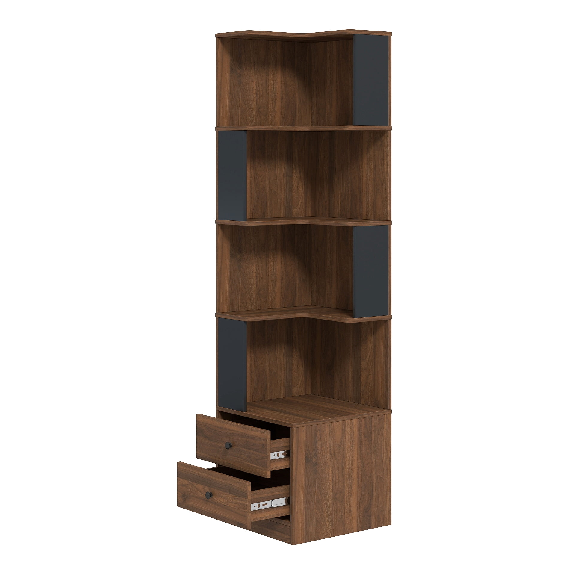 Corner Bookshelf with Drawers, 4-Tier Corner Bookshelf Bookcase with Baffle, Freestanding L Shaped Display Shelf Stand with Led Lights for Home Office, Living Room, Bedroom, Kitchen