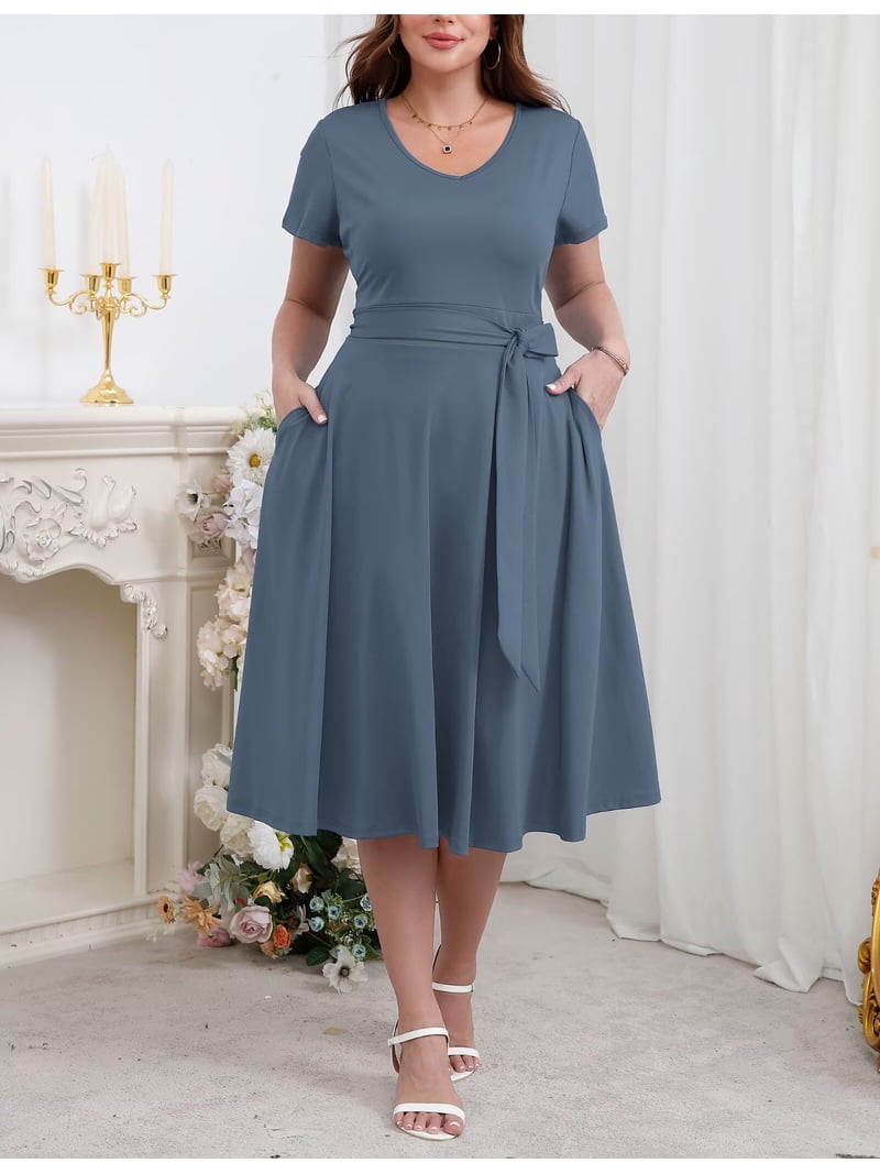 grey midi wedding guest dresses Enjoytime Dresses for Women Solid Color Long Sleeve Round Neck Wedding Guest Dress Waistband Slim Elegant Midi Dress Gray L