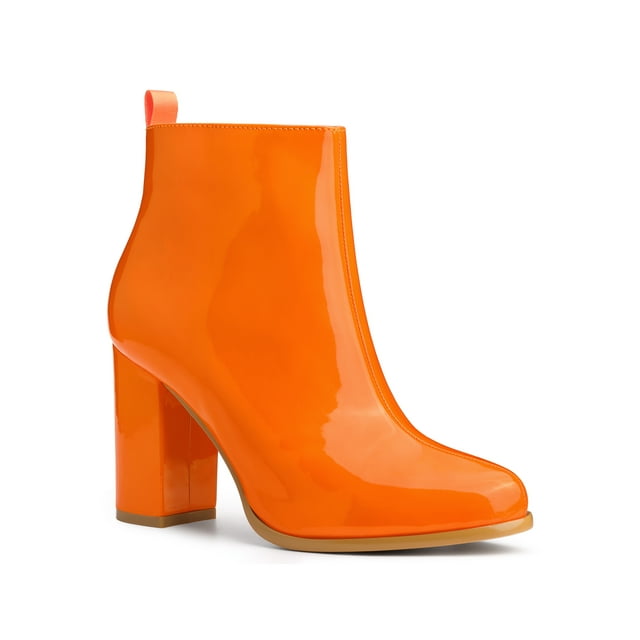 Unique Bargains Bottines à Talons Épais à Bout Rond avec Fermeture Éclair pour Femme Orange (Taille 9,5)