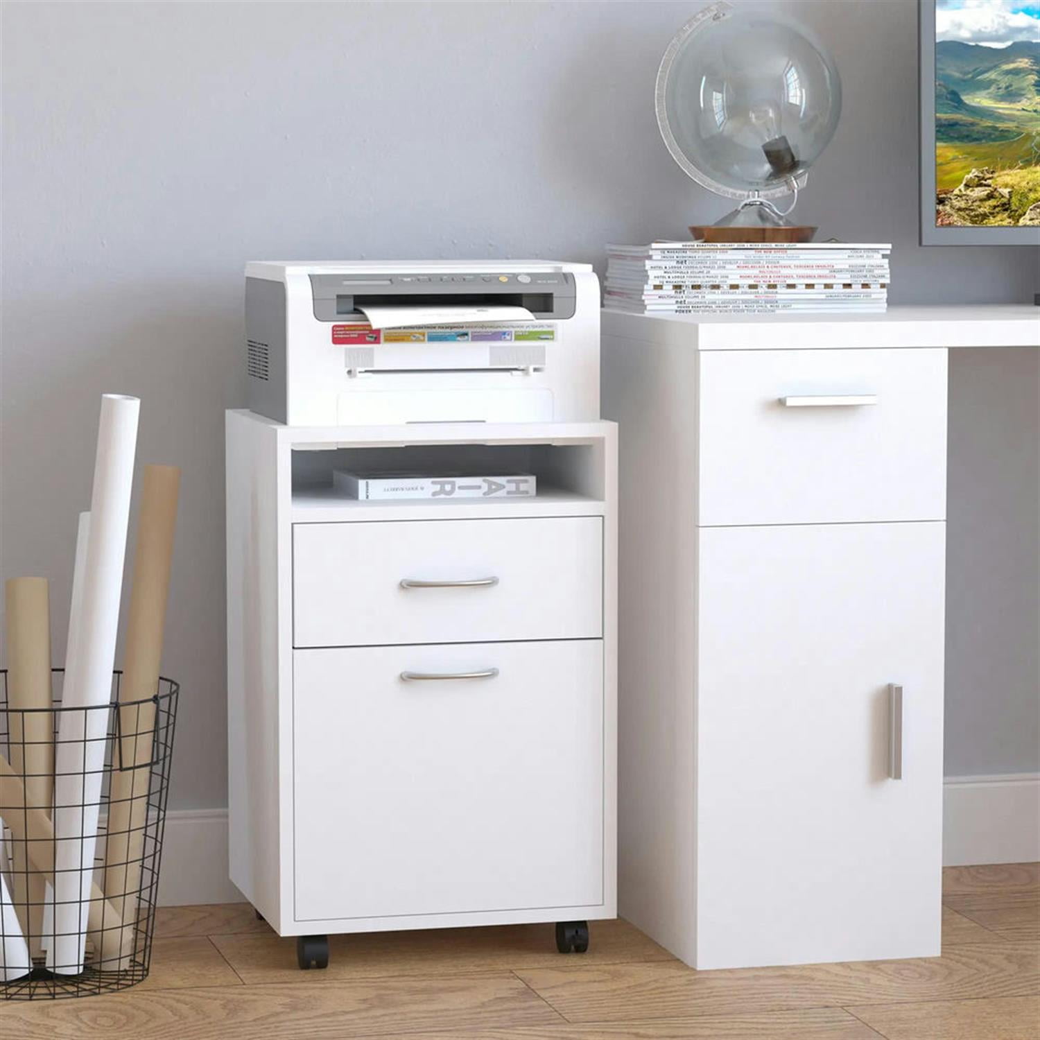 Demi Bonn Rolling Filing Cabinet with Castors, File Cabinet Printer Stand with Drawer and Cabinet for Home Office, White