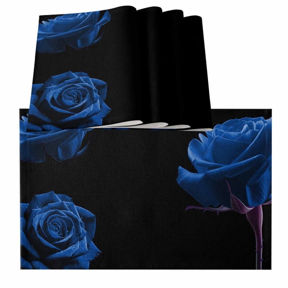 Blue Rose Placemats for Dinning Table Set of 4, Vintage Abstract Garden Flower Floral Black Burlap Kitchen Place Mats Waterproof Cloth Table Mats, Indoor Outdoor Placemats Easy Clean Dinner Decor